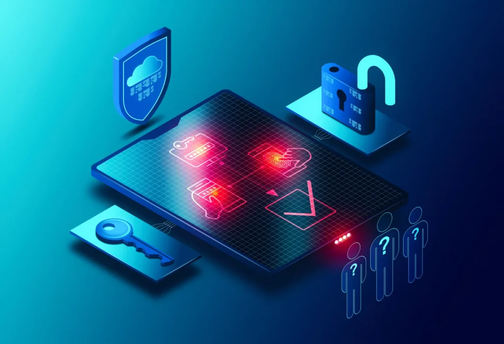 Isometric illustration of a device with a padlock and security alerts