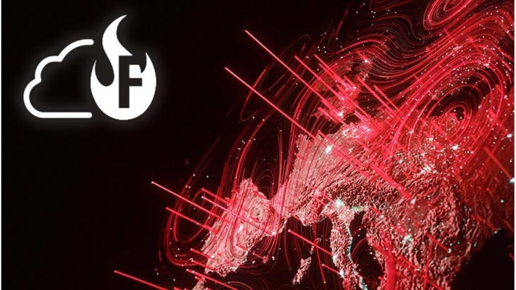 Firewall flame icon over a red map of threat traffic